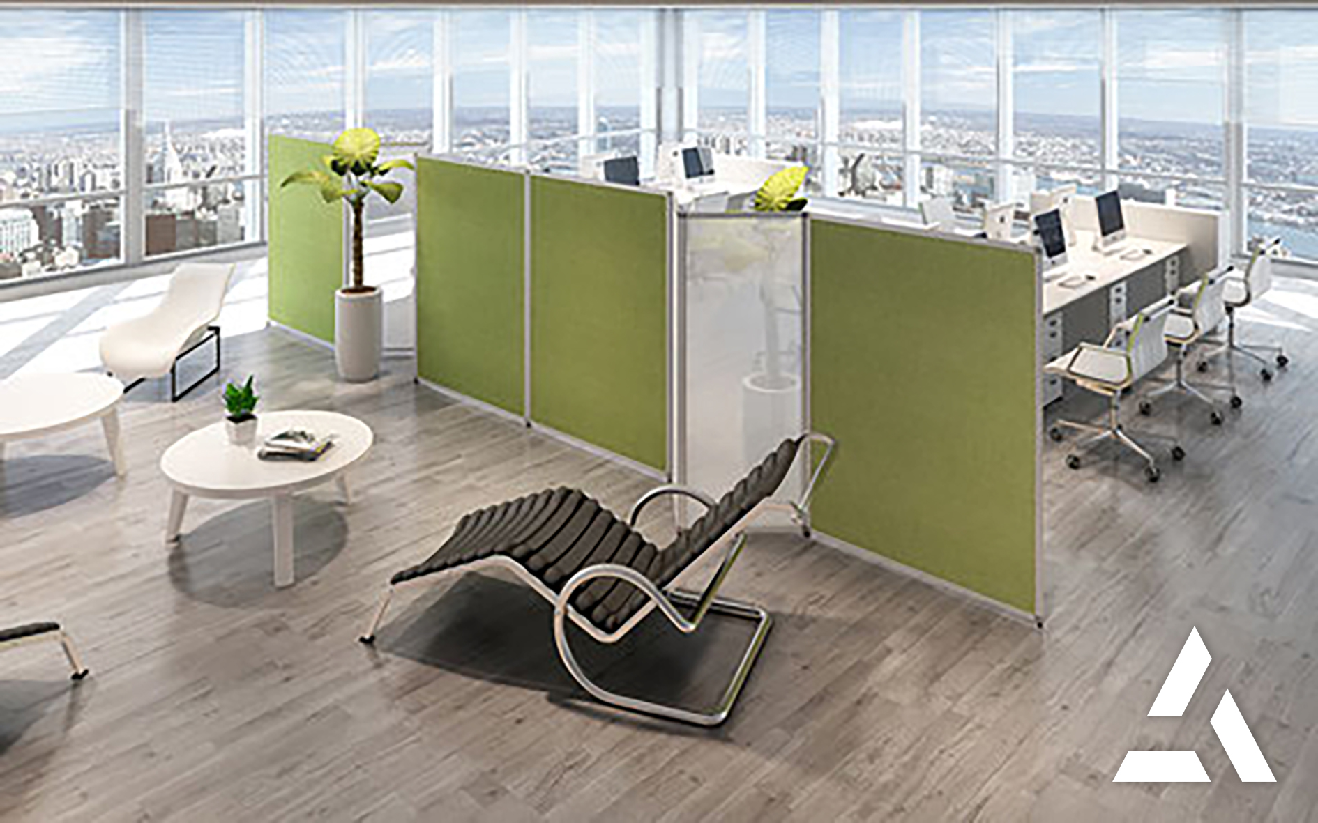 Espace de coworking lumineux avec cloisons vertes et vue panoramique