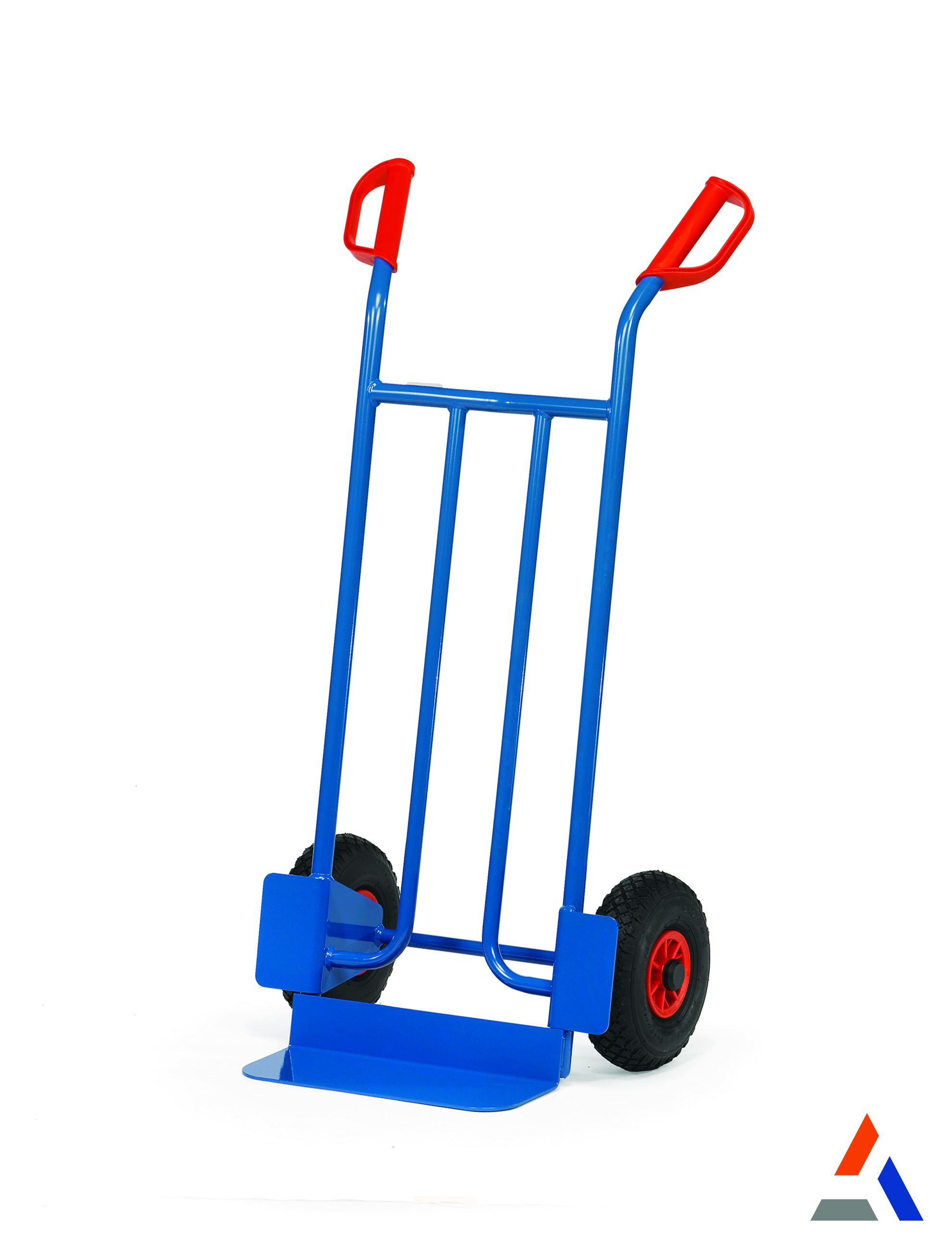 Diable de manutention bleu à deux roues avec poignées rouges, conçu pour le transport sécurisé de pneus par Actiflip.