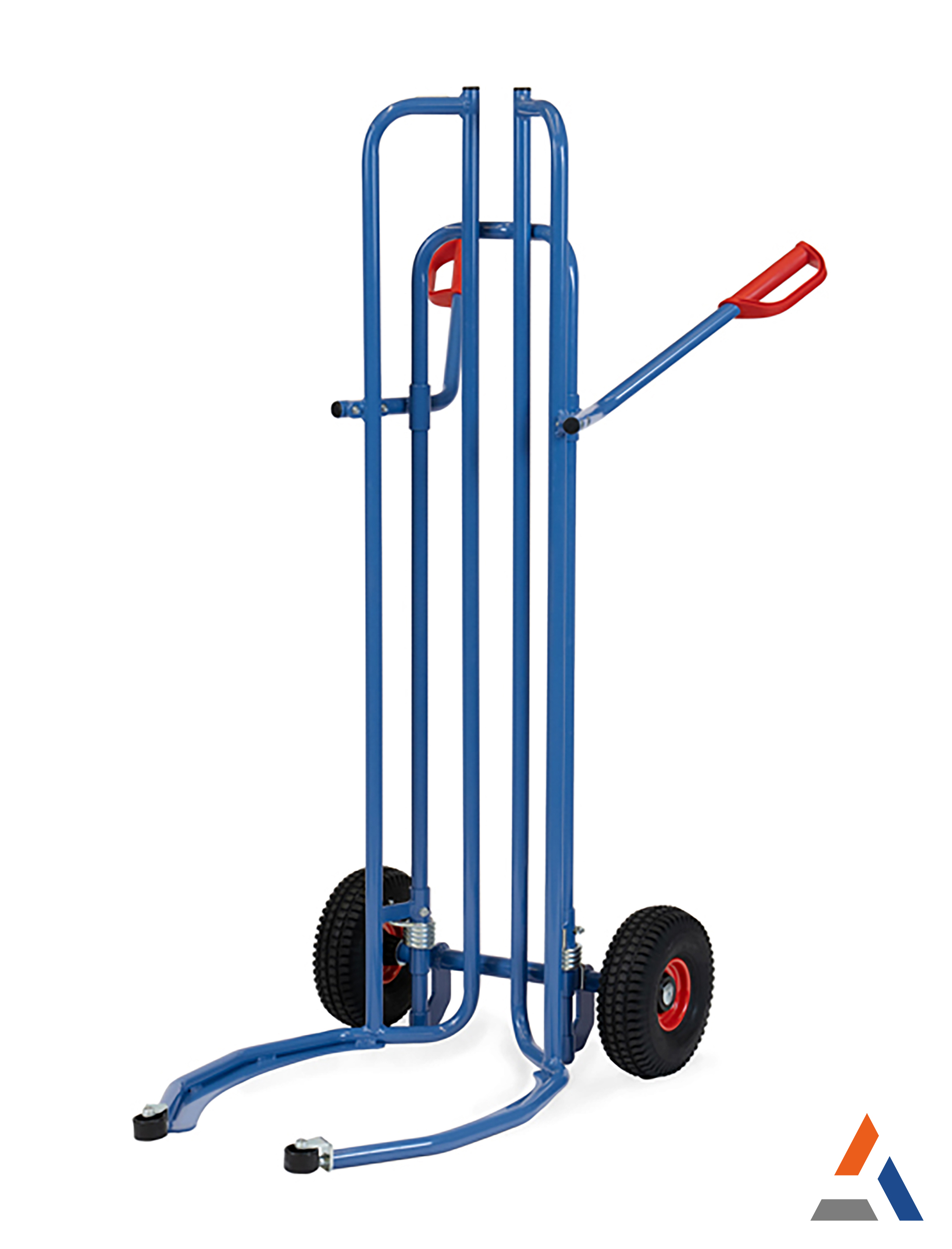 Diable de manutention bleu à deux roues avec poignées rouges, conçu pour le transport sécurisé de pneus.