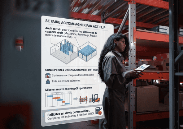 Audit et conception sur mesure Actiflip pour optimiser les capacités de stockage et l’aménagement d’un entrepôt industriel.