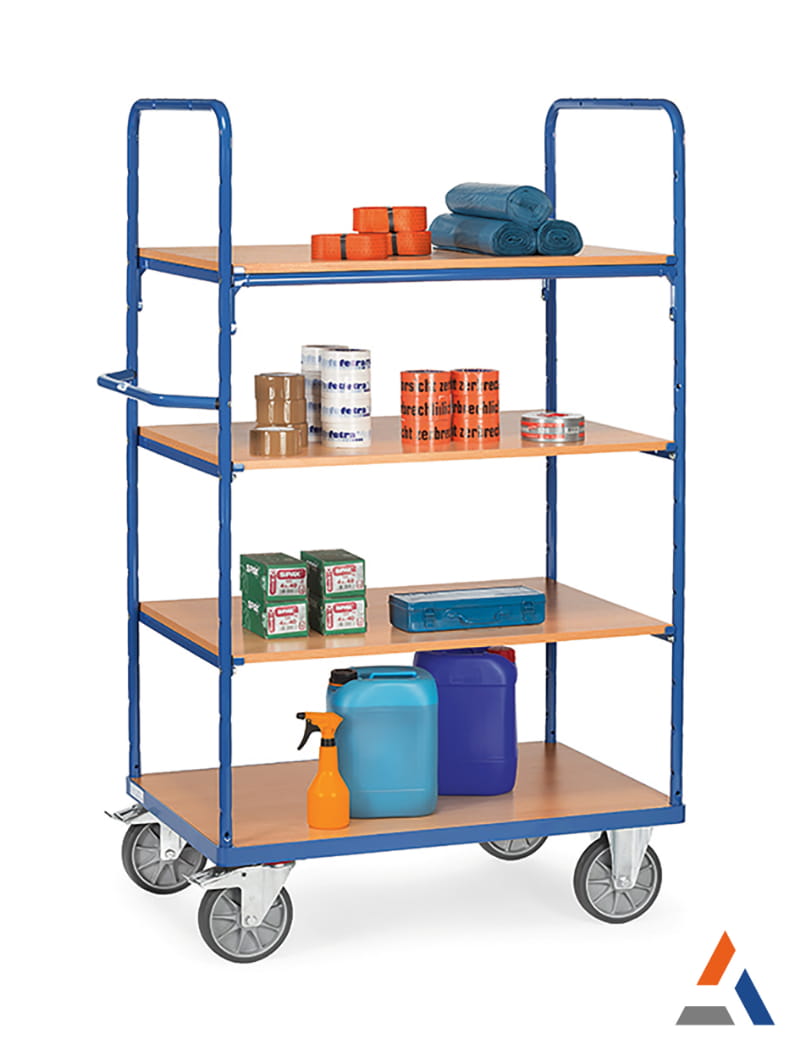 Chariot de manutention 4 plateaux bleu chargé de matériel et consommables pour entrepôt logistique