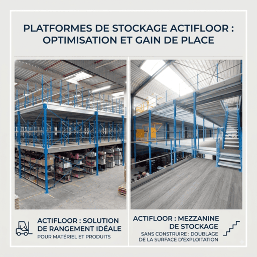 Plateformes de stockage Actifloor avec mezzanine industrielle pour optimiser l’espace et le rangement en entrepôt.