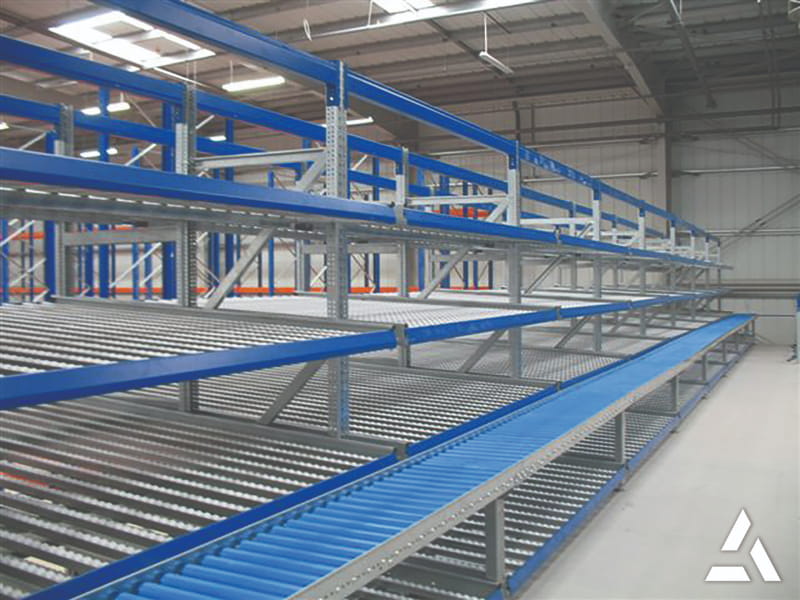 Rayonnage dynamique à rouleaux en entrepôt logistique pour stockage et préparation de commandes avec système de convoyage